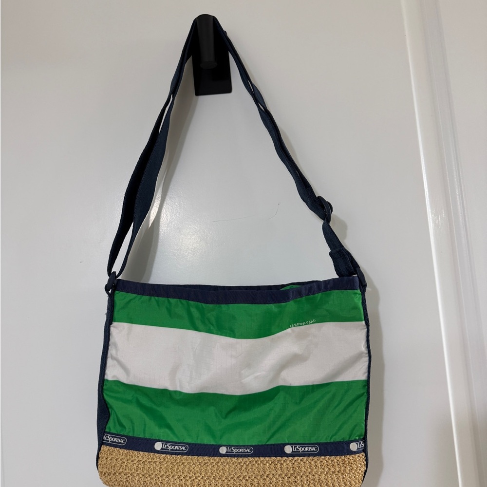 Lesportsac Green White and Navy Striped Messenger Bag